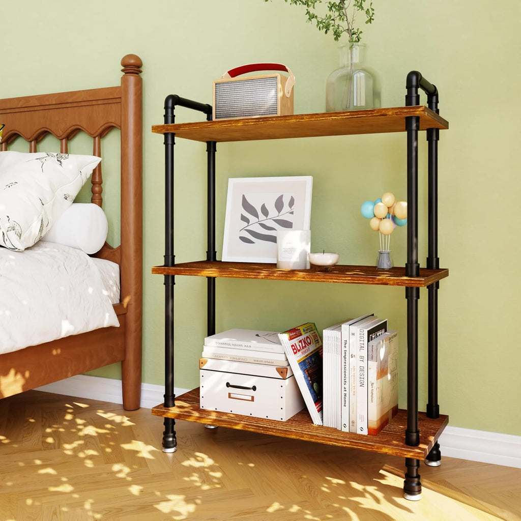 Industrial Bookshelf, Rustic Open Bookcase, 3 Tier Wood and Metal Bookshelves, Solid Pine Wood and Iron Pipe Storage Shelf Narrow Small Space Organizer for Living Room Office Bedroom Kitchen