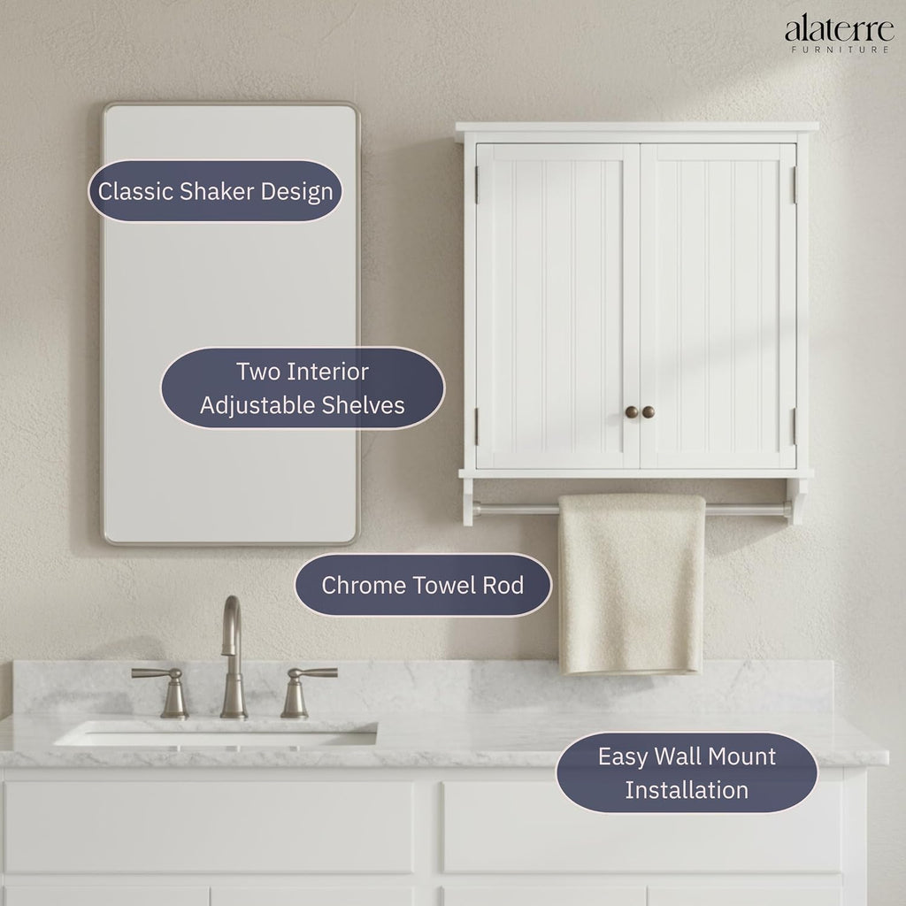 Dover 27' x 29' Wall Mounted Bathroom Storage Cabinet with Shaker Beadboard Doors, Two Adjustable Shelves and a Towel Bar – White Wall Cabinet for Bathroom, Laundry, or Entryway by Alaterre Furniture