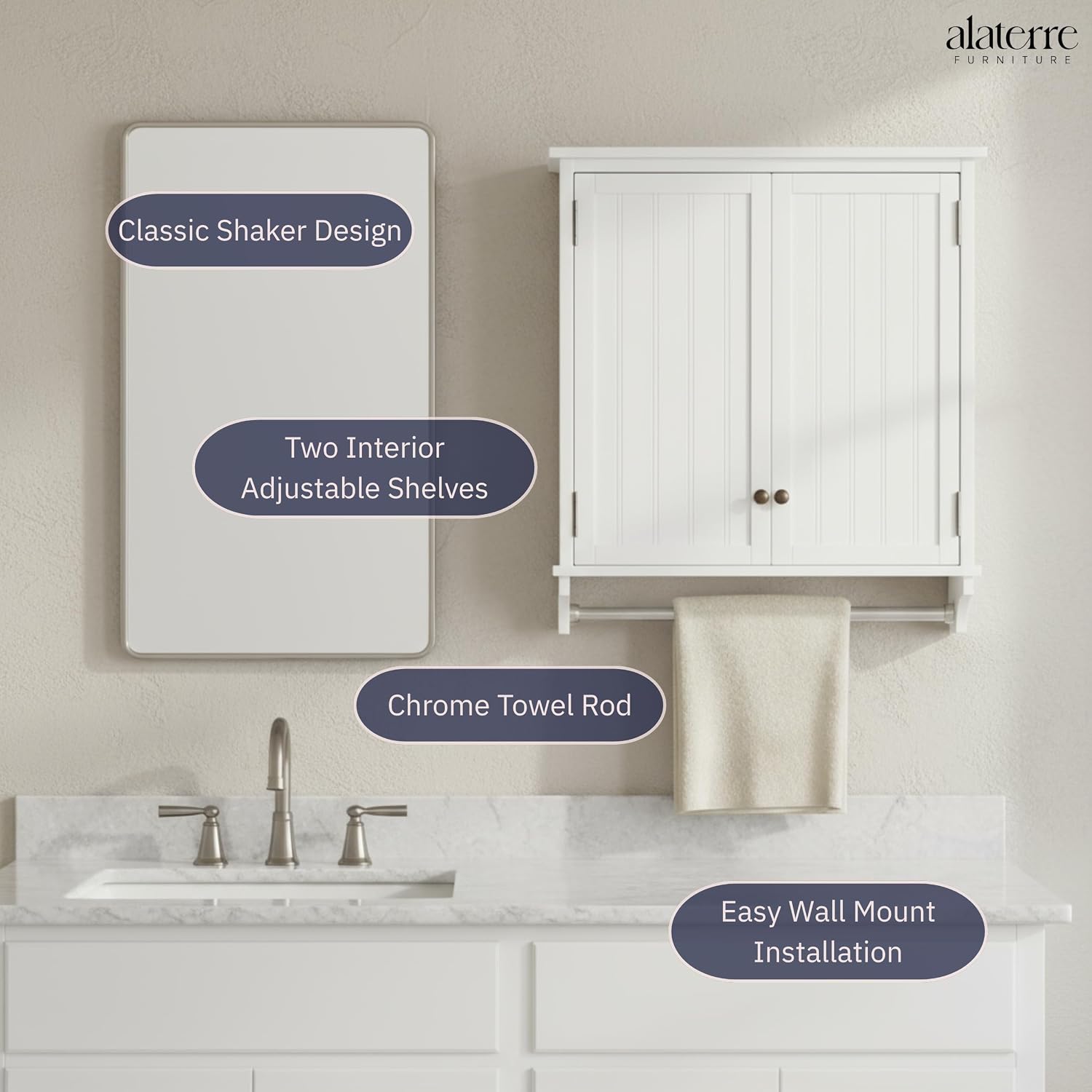Dover 27' x 29' Wall Mounted Bathroom Storage Cabinet with Shaker Beadboard Doors, Two Adjustable Shelves and a Towel Bar – White Wall Cabinet for Bathroom, Laundry, or Entryway by Alaterre Furniture