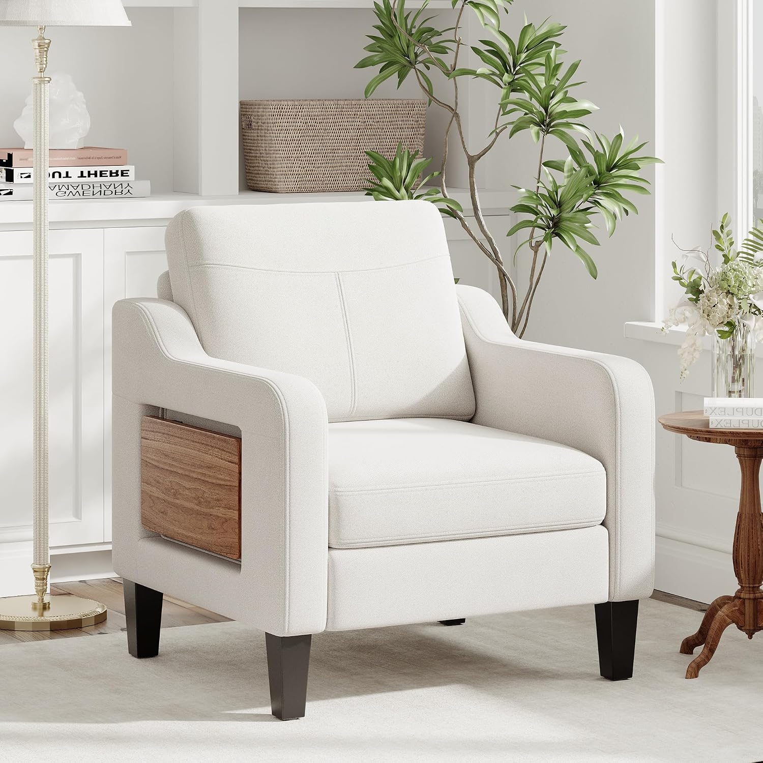 Accent Chair for Living Room Modern Linen Upholstered Armchair Side Wooden Fabric Sofa Chair with Foldable Table 2 Side Pockets Comfy Reading Chair for Bedroom