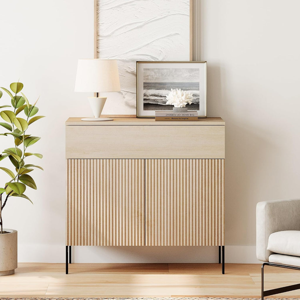 WAMPAT 31.5' W Fluted End Table, Modern Mid Century Side Table with Lagre 1 Drawer & 2 Doors, Wooden Bedside Table with Storage and Hidden Handle for Bedroom, Living Room, Beige