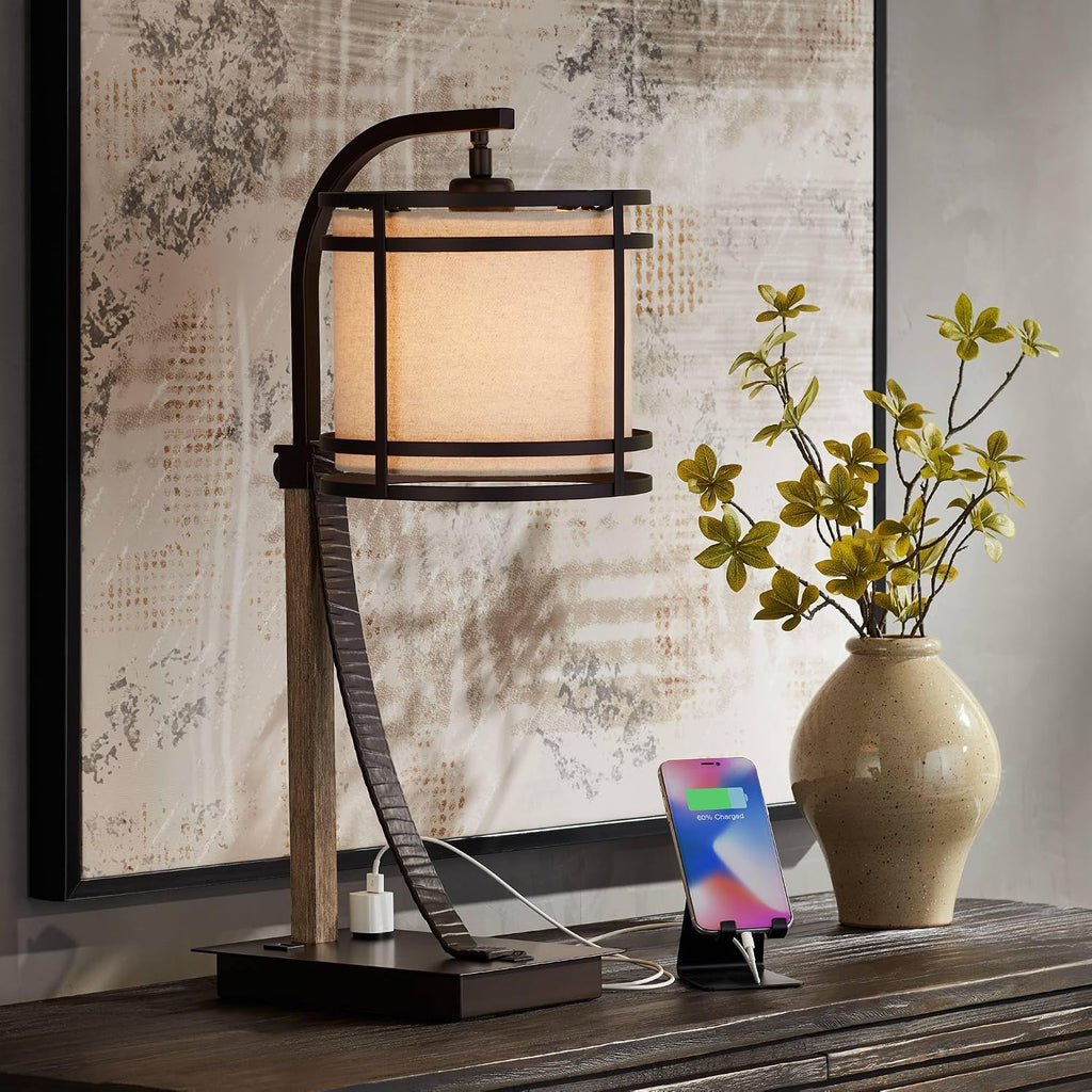 Franklin Iron Works Gentry Industrial Desk Table Lamp 22' High with USB and AC Power Outlet in Base Oil Rubbed Bronze Faux Wood Metal Cage Oatmeal Drum Shade for Cottage Core Bedroom Desk