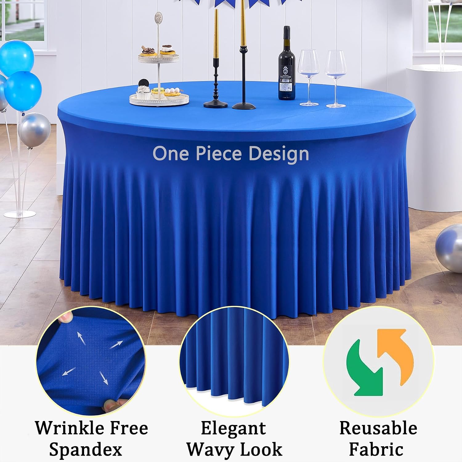 6 Pack Spandex Royal Blue Round Table Cloths for 60 inch Table, Wrinkle Free 120 inch Tablecloths Stretchy Round Tablecovers for Wedding Birthday Parties Banquet
