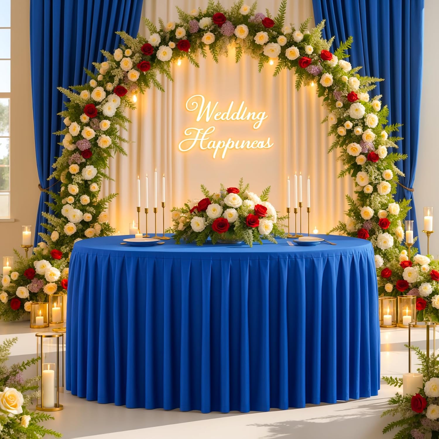 8 Pack Royal Blue Round Tablecloth 60 inch Stretch Spandex Fitted Table Cloth 5FT Round Banquet Tablecloths Wrinkle Free Table Cover Stitch Circle Tablecloth with Ruffle Skirt for Party Wedding