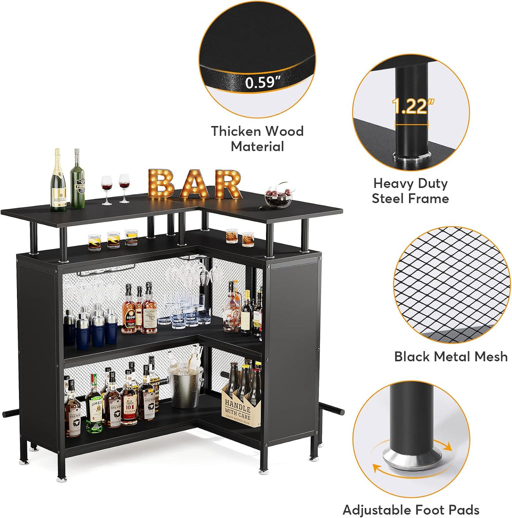 Tribesigns Home Bar Unit, L-Shaped Bar Table with Stemware Racks and 2-Tier Shelves, Corner Mini Coffee Liquor Cabinet with Footrest for Home/Kitchen/Pub, Black