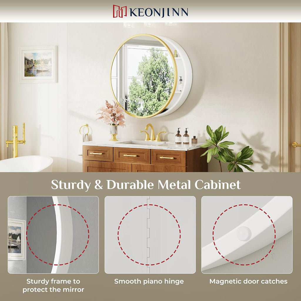 Keonjinn 20x20 Inch Round Gold Medicine Cabinet Mirror for Bathroom, Gold Surface Mount Medicine Cabinet with Mirror, Circular Framed Mirrored Medicine Cabinets, Modern Cabinet with Vanity Mirrors
