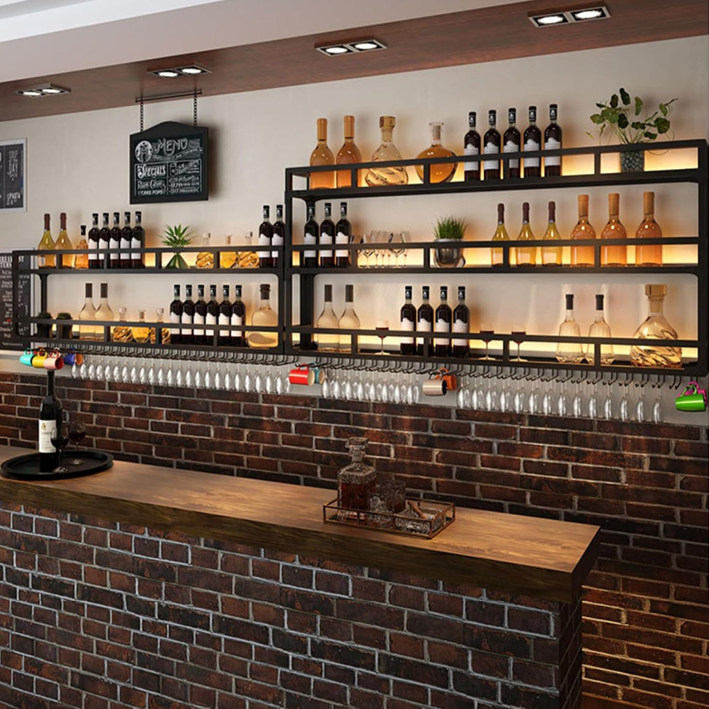 Wall Wine Rack Floating Bar Shelves Wall Mounted with LED Light Liquor Bottle Display Shelf with Hanging Wine Glass Rack Kitchen Wall Shelf Liquor Cabinet Bar Stand for Home Bar Cafe Restaurant(Black,