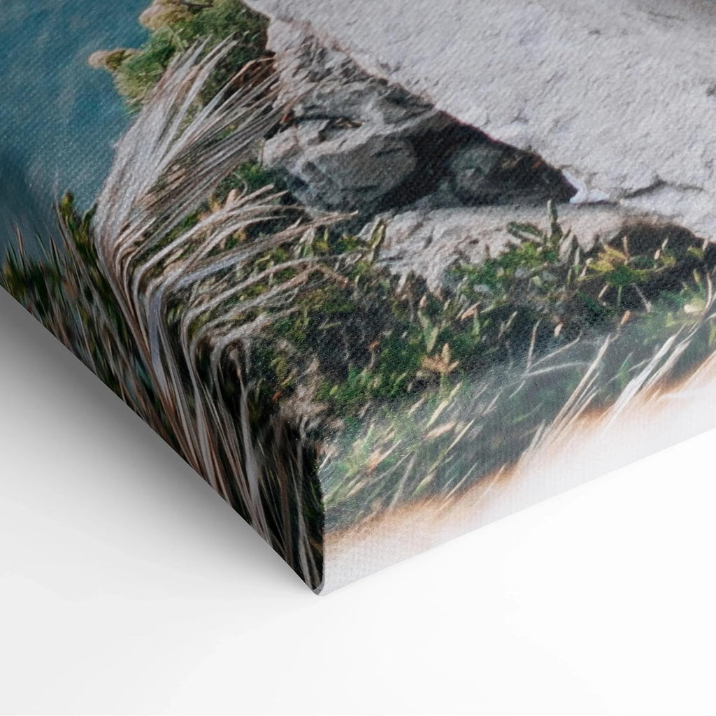 Throttle Designs. Elegant Coastal Architecture Canvas Wall Art Turquoise Calm Staircase Over Ocean Rocks-36? x 24? (Horizontal) / 1.5' - Bedroom, Living Room, Office Decor - Ready to Hang