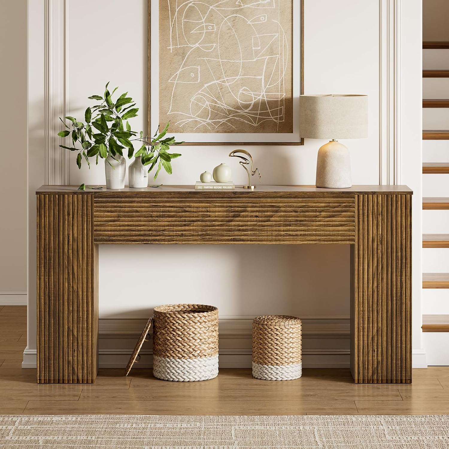 FABATO 61'' Fluted Long Console Table, Wooden Rectangular Sofa Table Behind The Couch, Narrow Entryway Table with 2 Hidden Storage Cabinets for Entrance, Hallway, Living Room, Foyer, Brown