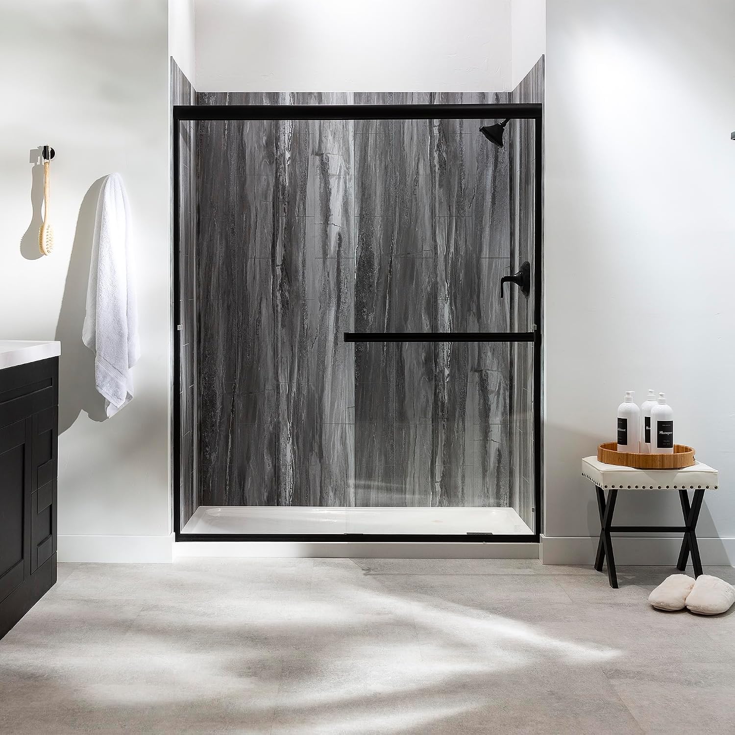 Palisade Vinyl Shower Surround Kit 78in x 60in x 30in, Urban Cliff | Waterproof PVC wall panels, grout-free design, bathroom renovation, coordinating trim, shelves, adhesive and sealant included