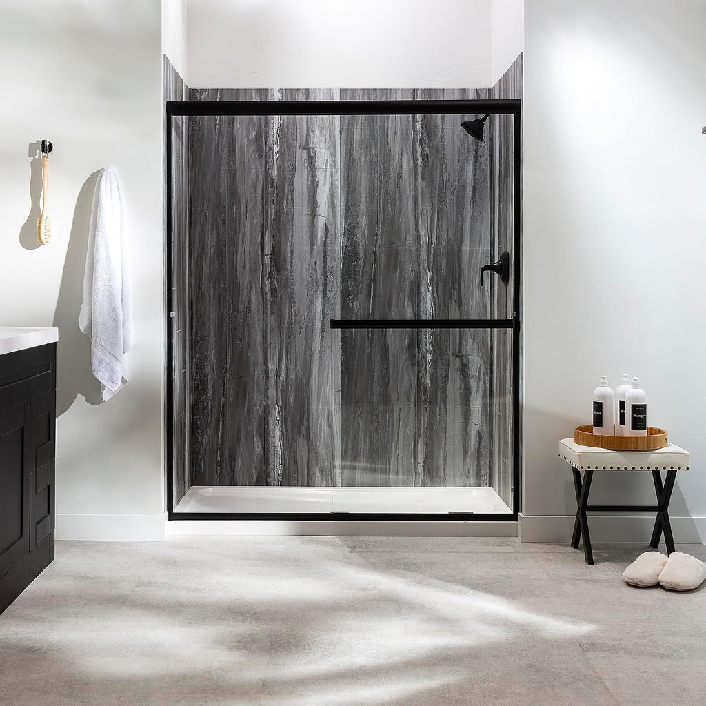Palisade Vinyl Shower Surround Kit 78in x 60in x 36in, Urban Cliff | Waterproof PVC wall panels, grout-free design, bathroom renovation, coordinating trim, shelves, adhesive and sealant included