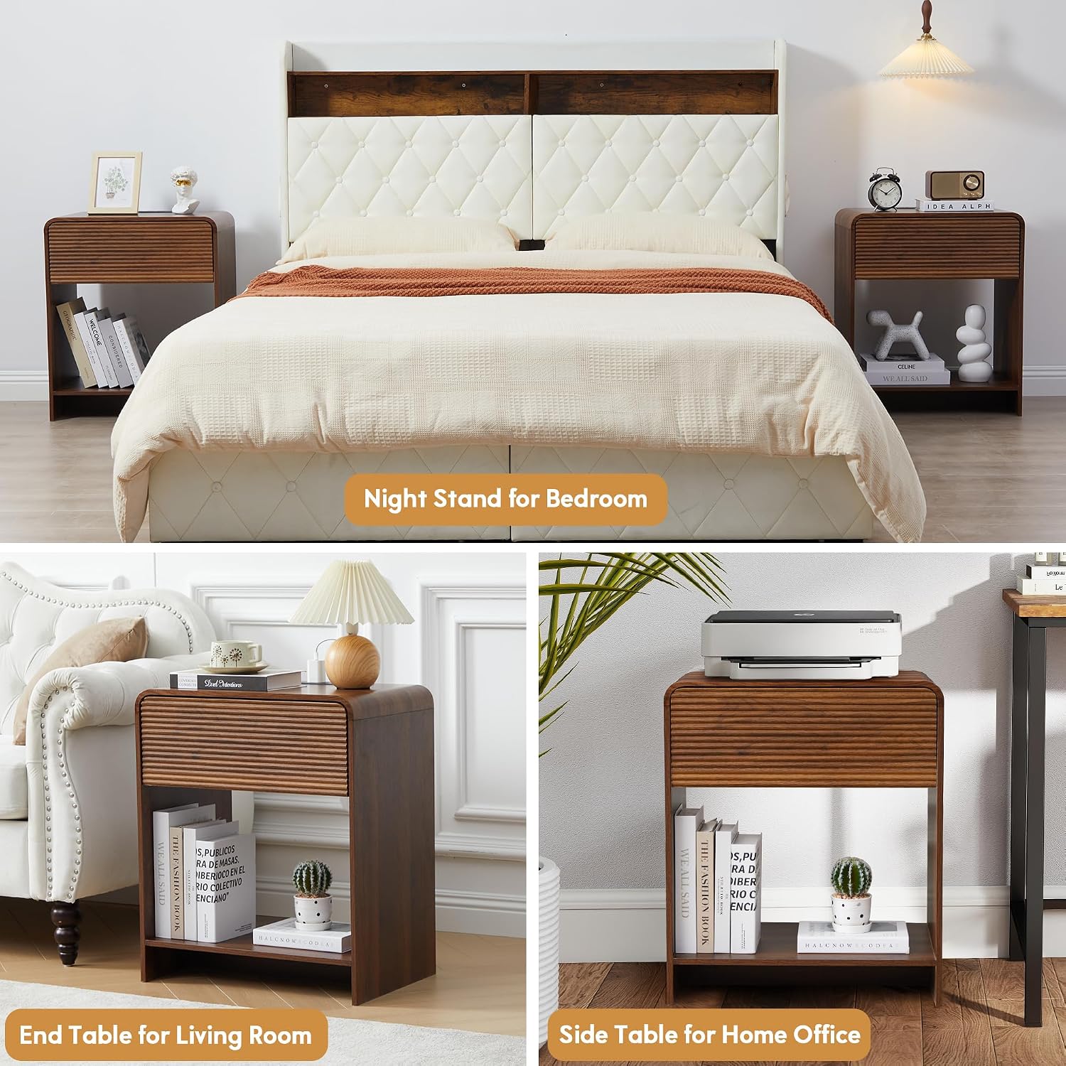 Set of 2 Fluted Side Table with Charging Station, Mid Century Modern End Table Nightstand with Drawer Storage, Large Wood Bedside Tables Night Stands for Small Space Bedroom Living Room Office, Walnut