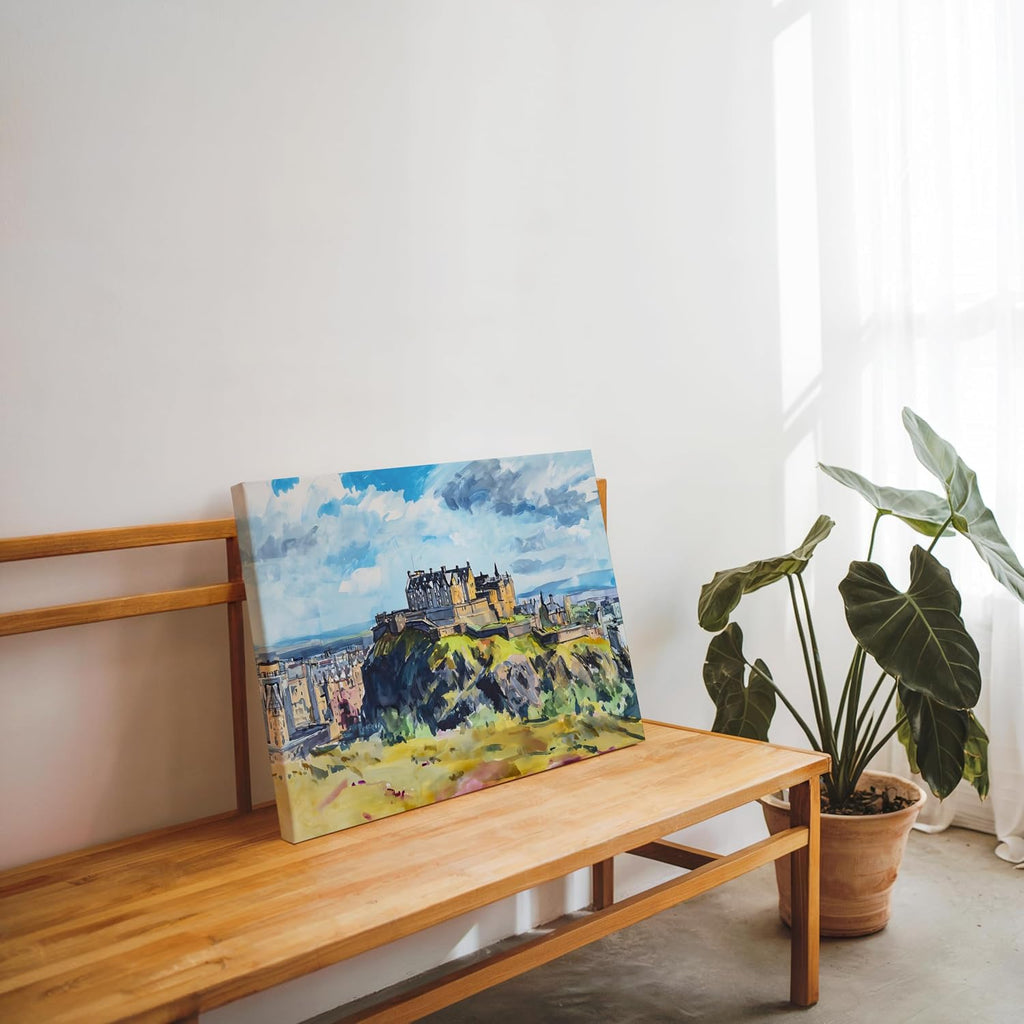 Edinburgh Castle Scotland Canvas Wall Art – Scottish Skyline Landscape Print, UK Travel Poster Ready to Hang(24x36inches)
