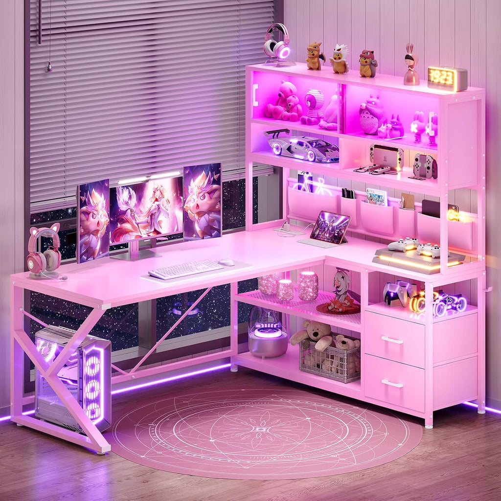 SEDETA L Shaped Gaming Desk, Home Office Computer Desk with 2 Drawer and Bookshelf, L Shaped Gaming Desk with LED Light, Glass Cabinet and Storage Bag, Corner Desk with Storage Shelves, Pink