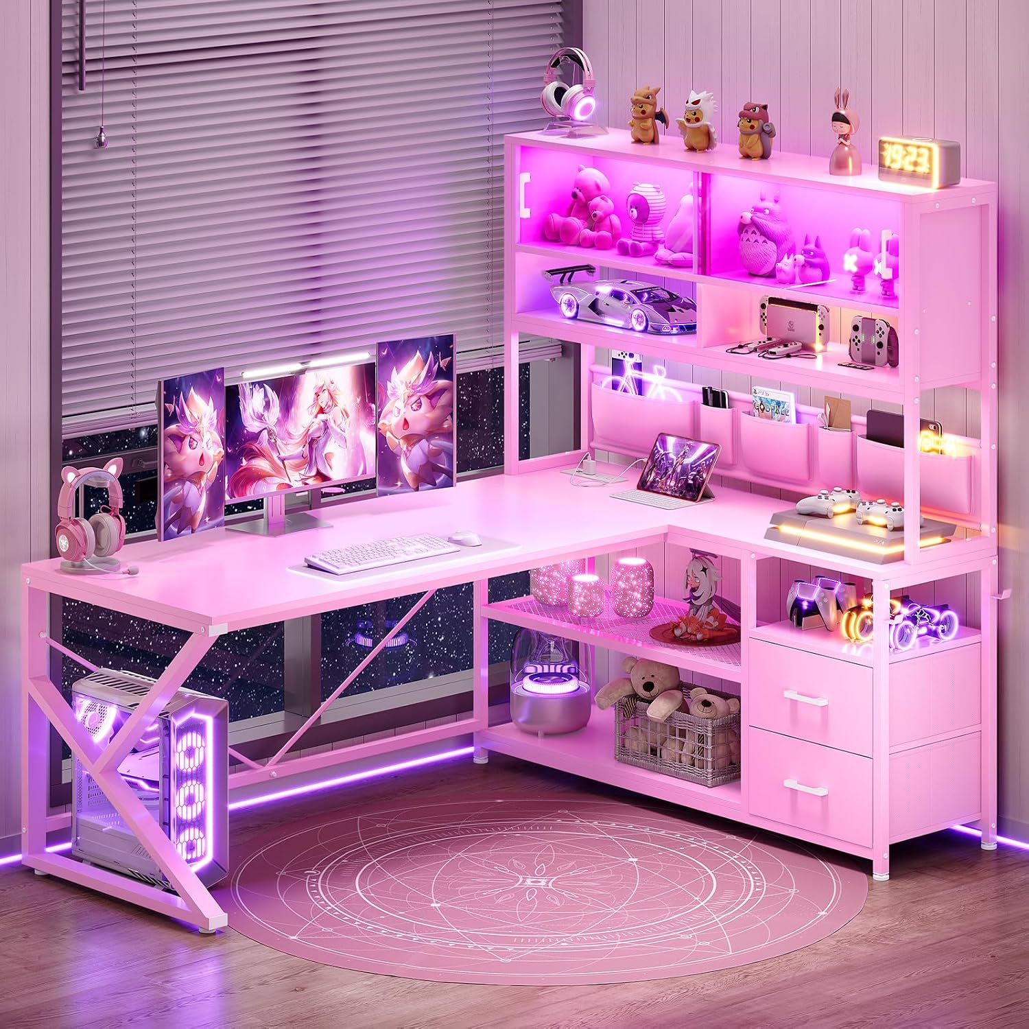 SEDETA L Shaped Gaming Desk, Home Office Computer Desk with 2 Drawer and Bookshelf, L Shaped Gaming Desk with LED Light, Glass Cabinet and Storage Bag, Corner Desk with Storage Shelves, Pink