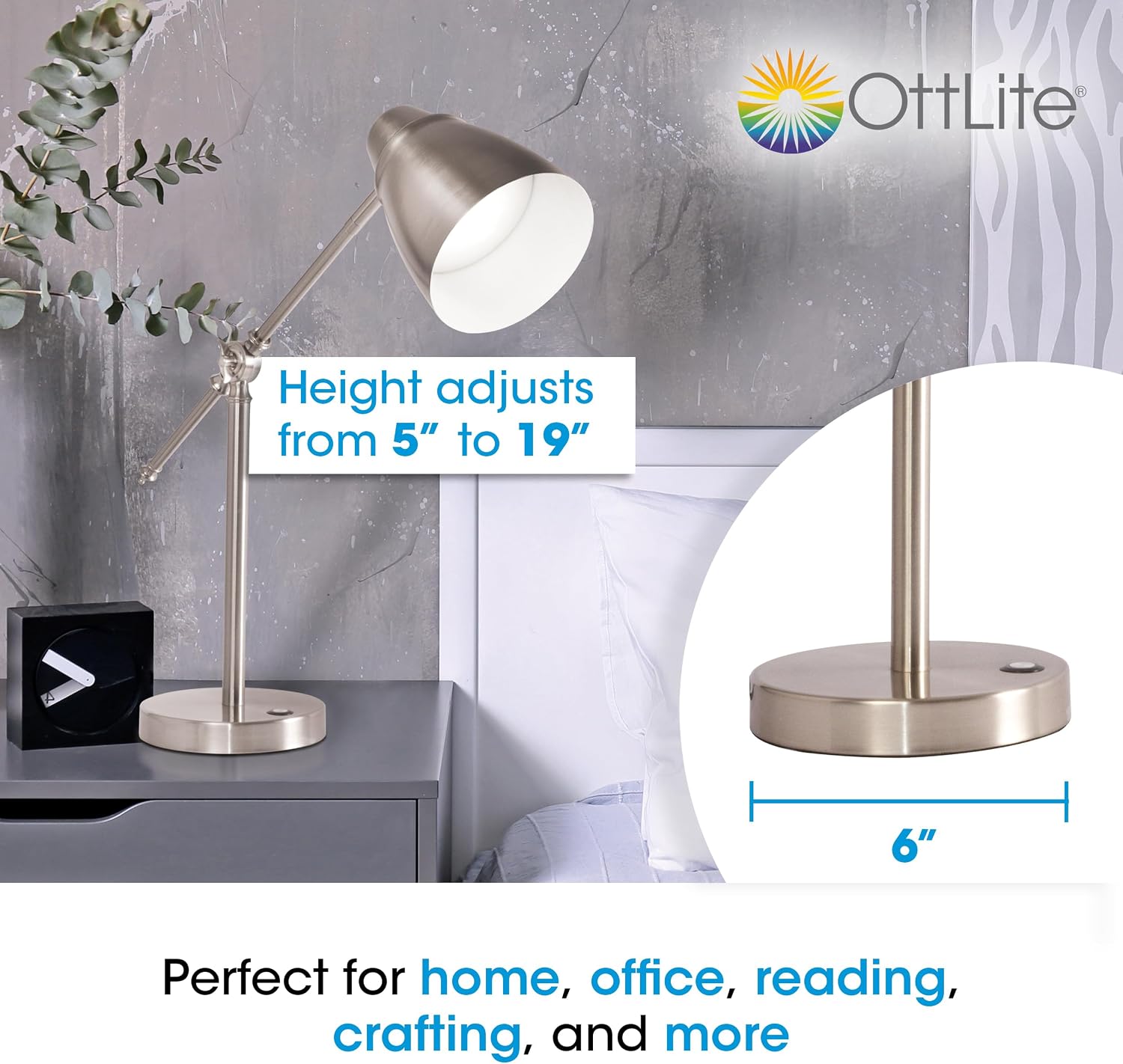 OttLite Harmonize LED Desk Lamp - 2.1A USB Charging Port, 3 Brightness Settings, Brushed Nickel