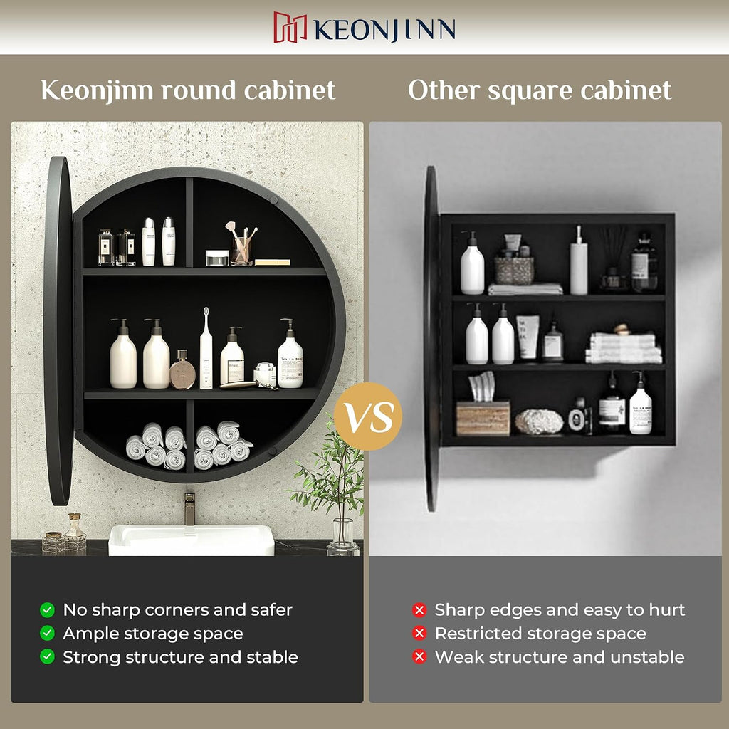 Keonjinn 24 x 24 In Round Medicine Cabinets for Bathroom, Black Mirror Surface Mount Medicine Cabinet, Circle Black Medicine Cabinet with Mirror, Adjustable Shelves Framed Bathroom Mirror with Storage