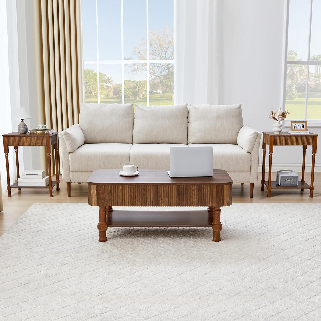 23.6' Large End Table with Charging Station, Set of 2, Modern Farmhouse Side Table with Drawer&Open Shelf, Fluted Wood Bedside Table Sofa Tables Night Stand for Bedroom Living Room Home Office,Walnut