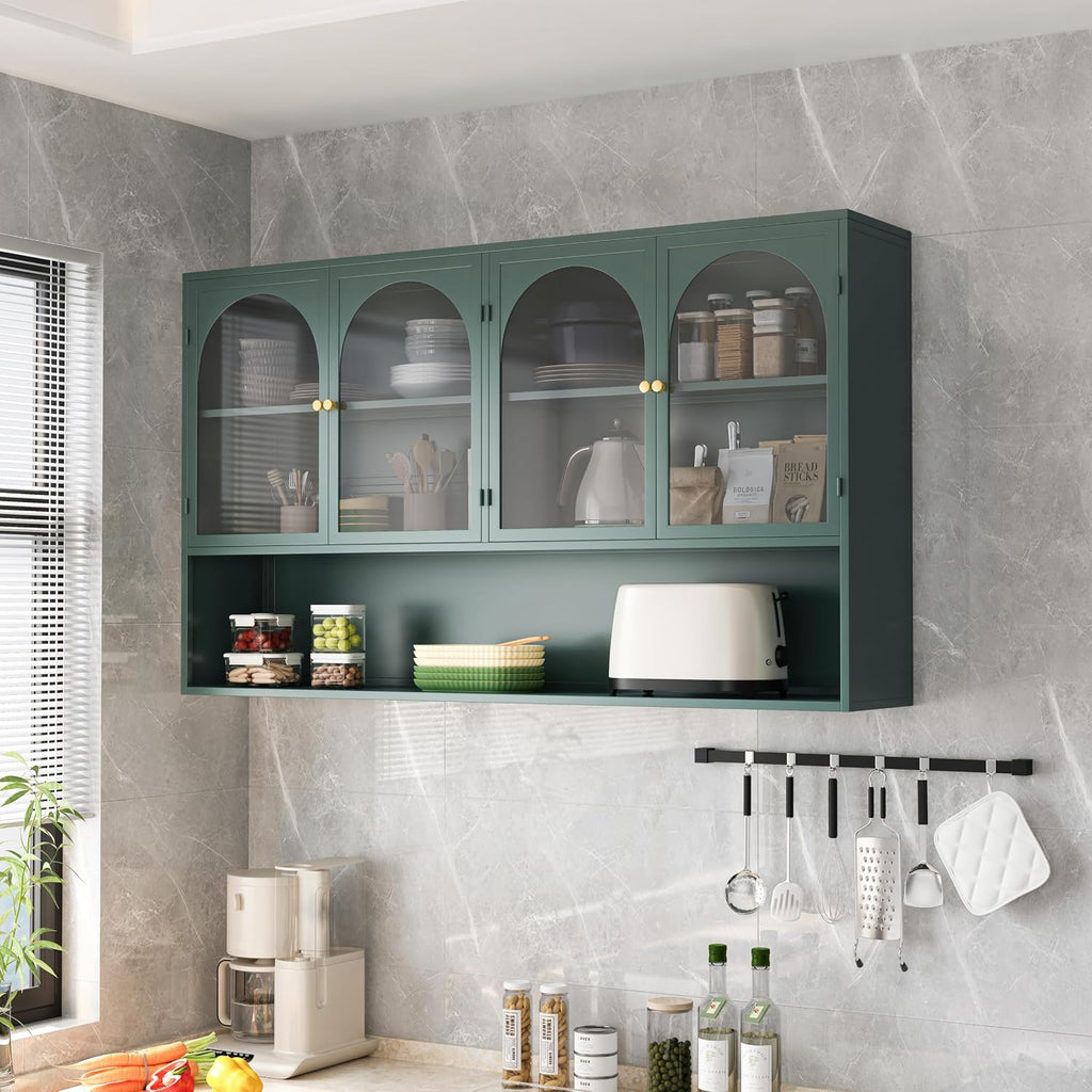 Retro Style Tempering Glass Door Wall Cabinet with Detachable Shelves and Open Shelves，for Office Dining Room,Living Room, Kitchen and Bathroom Dark Green