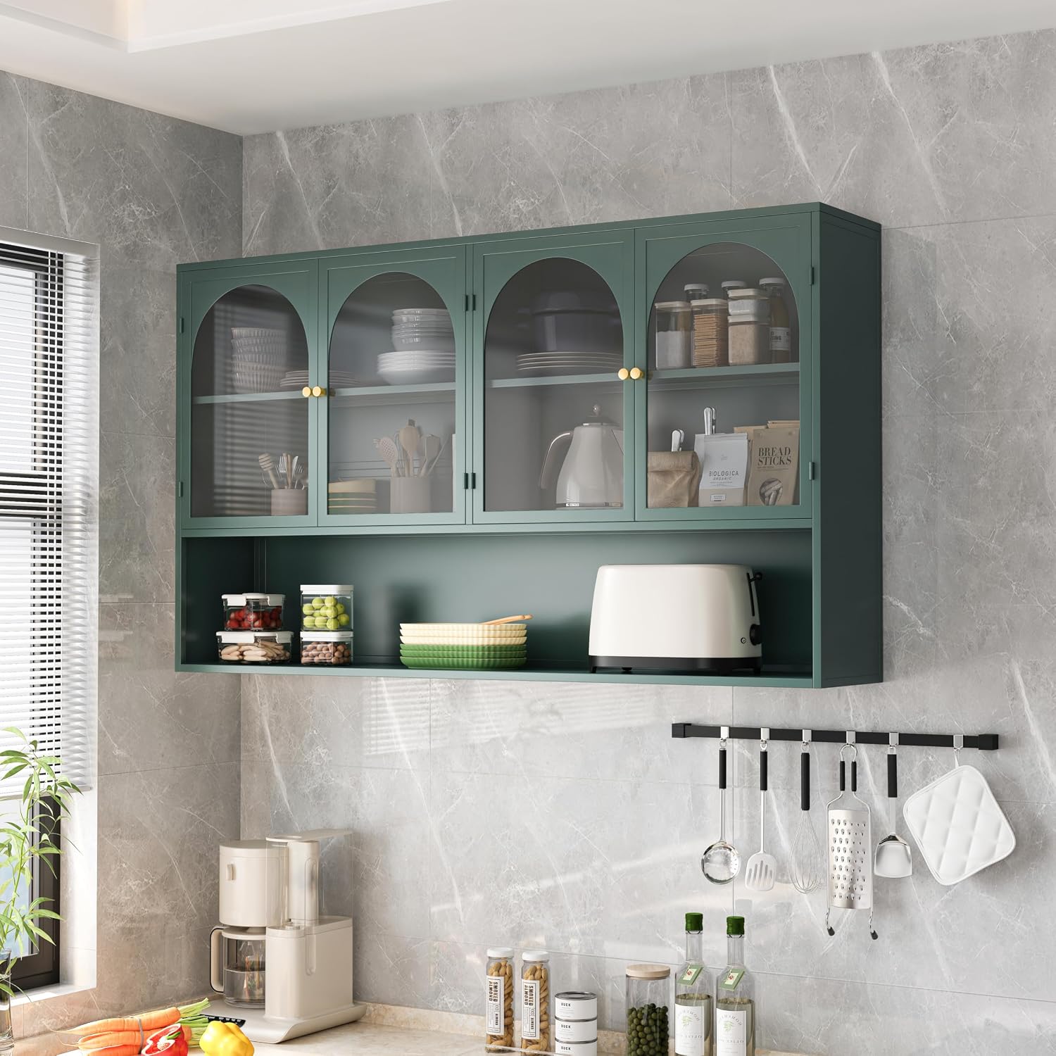 Retro Style Tempering Glass Door Wall Cabinet with Detachable Shelves and Open Shelves，for Office Dining Room,Living Room, Kitchen and Bathroom Dark Green