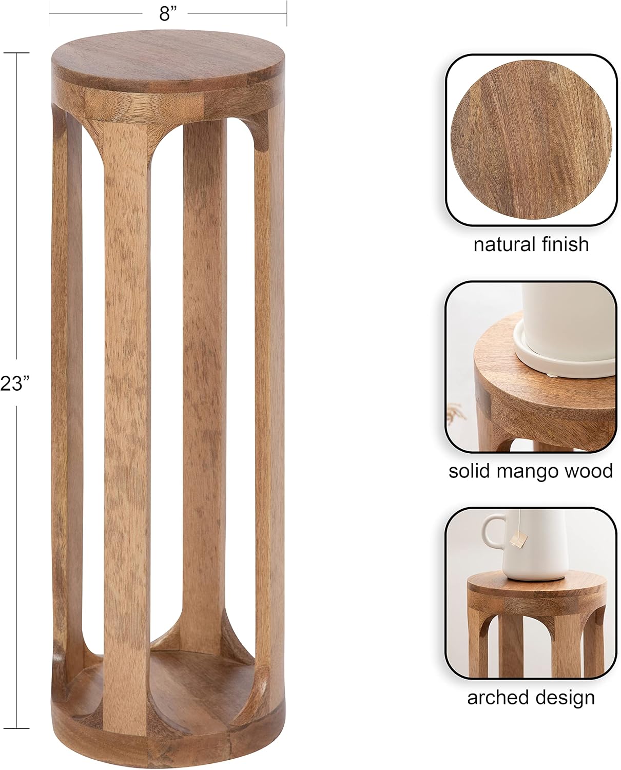 Kate and Laurel Dahl Wooden Round Drink Table; 8 x 23; Natural Brown; Transitional Boho Circle Wood Accent Pedestal Table for Living Room Plant Stand or Small Bedroom Nightstand