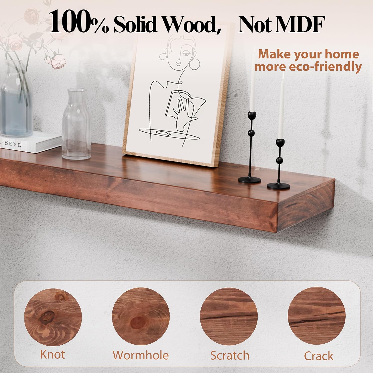 60 Inch Fireplace Mantel Shelf - 7' Deep Solid Wood Floating Mantel for Over Fireplace - 90LBS with Invisible Bracket - Handcrafted TV Decor for Livingroom & Bedroom - Walnut