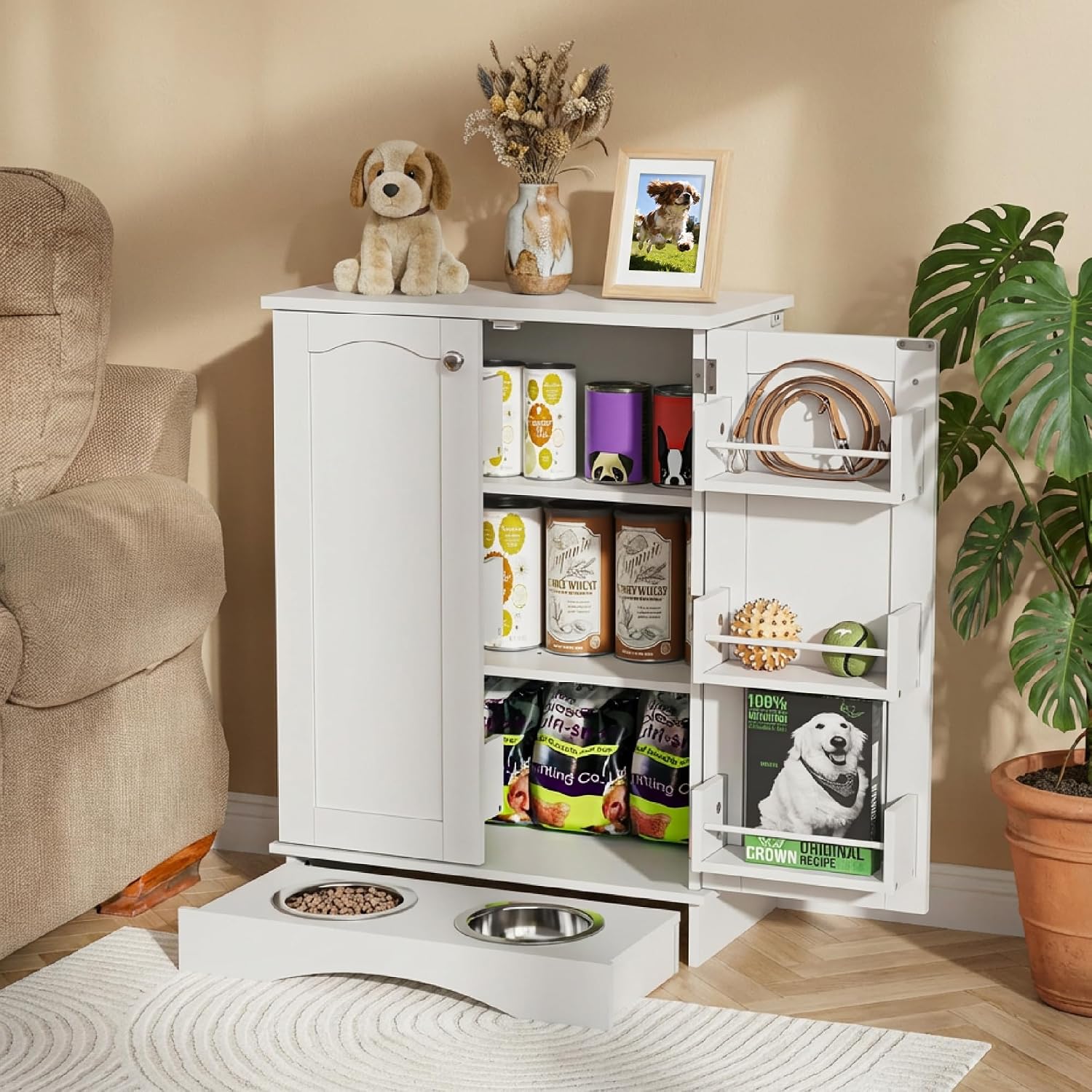 Hometis 23.5'(w) Dog Feeding Station with Storage, Dual Door Hung Storage, Hidden Feeding Bowls,(Off White)