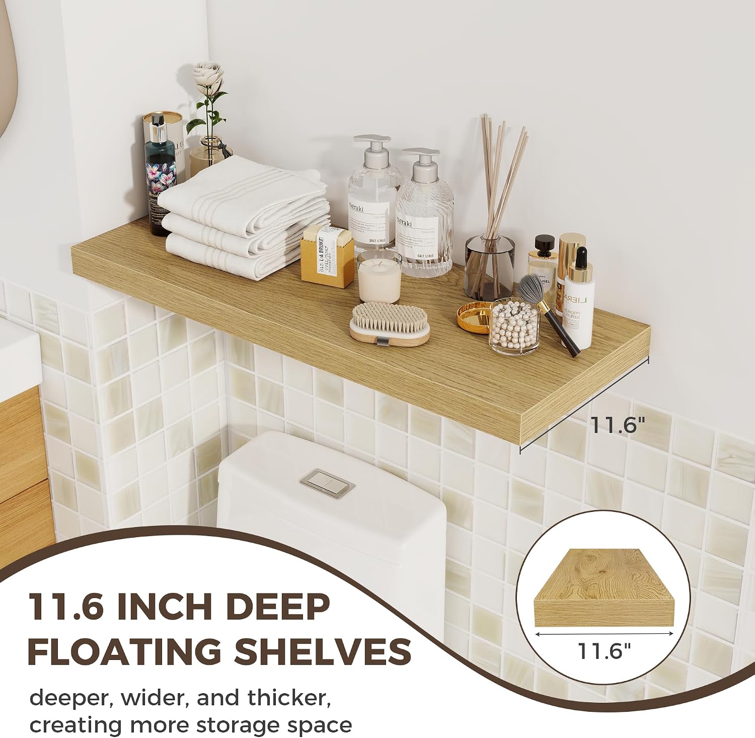 Fun Memories Deep Floating Shelves, 32W x 12D Oak Wall Shelves, 32 Long Rustic Wood Wide Storage Shelves for Bedroom, Kitchen, Farmhouse, Laundry Room, Bedroom, Kitchen, Home Office- Set of 3