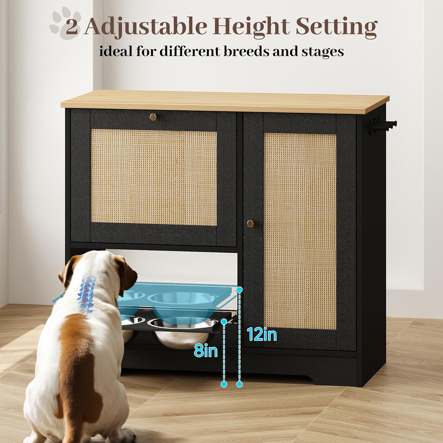 Rovibek Dog Food Storage Cabinet with 2 Raised Dog Bowls, Pet Food Cabinet Feeding Station with Tilt Out Storage Cabinets, Pet Feeding Station for 2 Dogs, Black