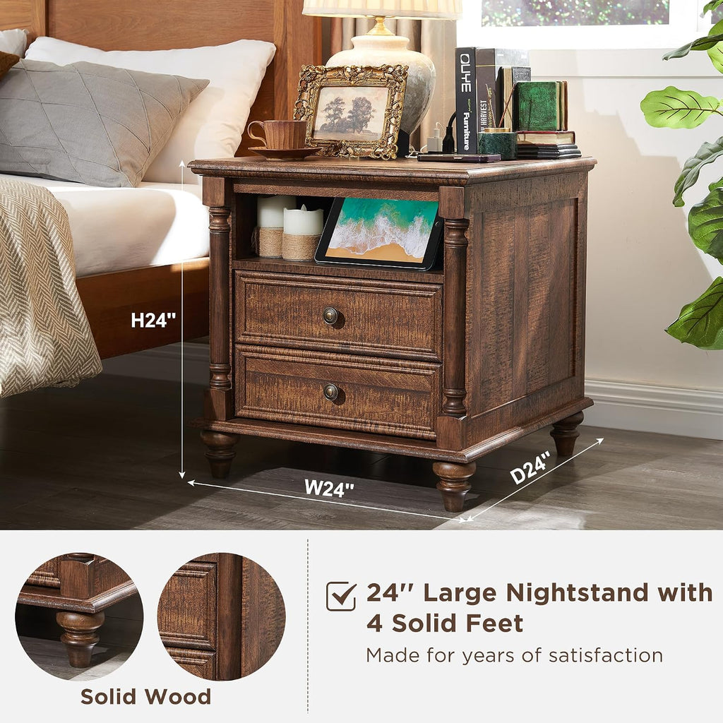 T4TREAM 24'' Farmhouse End Table w/4 Solid Wood Feet, Large 2 Drawers Wide Sofa Side Table with Charging Station, Tall Rustic Wood Square Nightstand for Living Room, Bedroom, Office,Reclaimed Barnwood