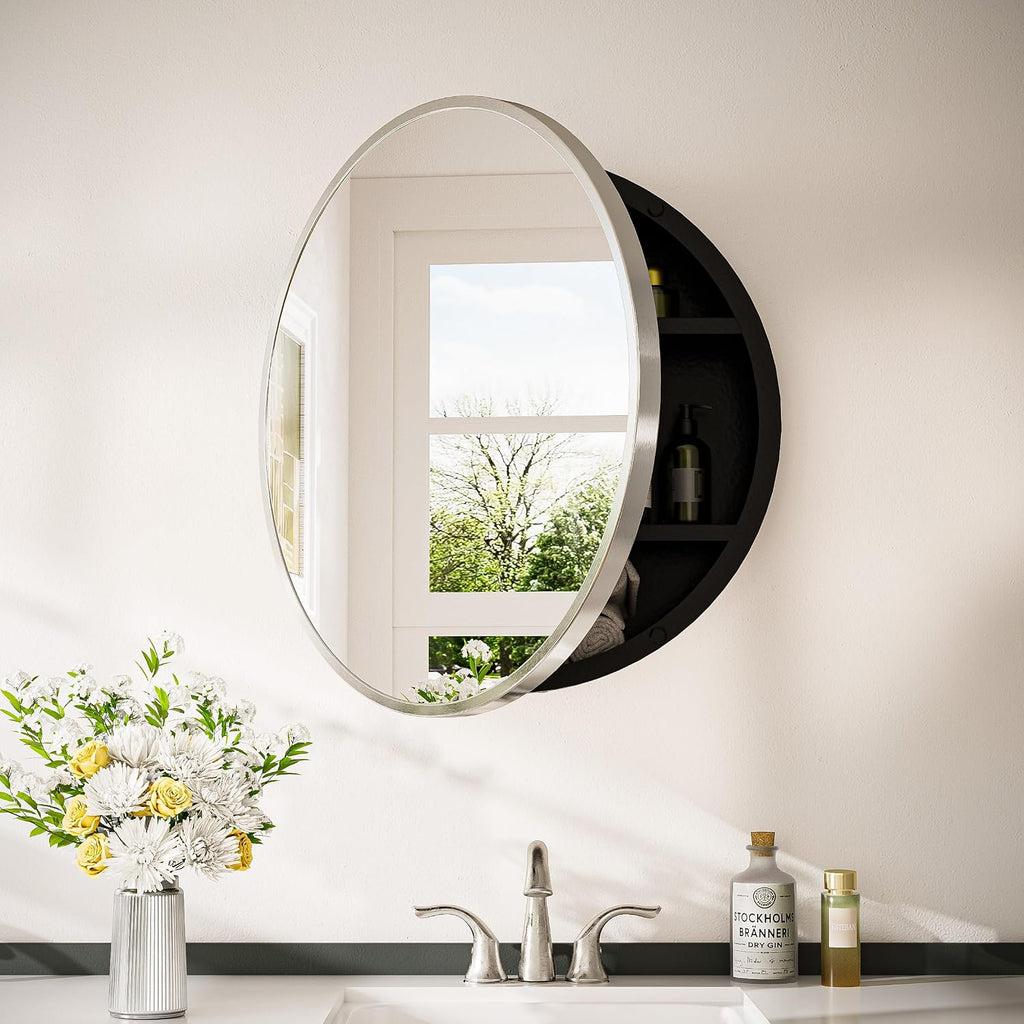 Keonjinn Round Brushed Nickel Medicine Cabinet Mirror for Bathroom, 26 Inch Surface Mount Medicine Cabinet with Mirror, Circular Framed Mirrored Medicine Cabinets, Modern Cabinet with Vanity Mirror