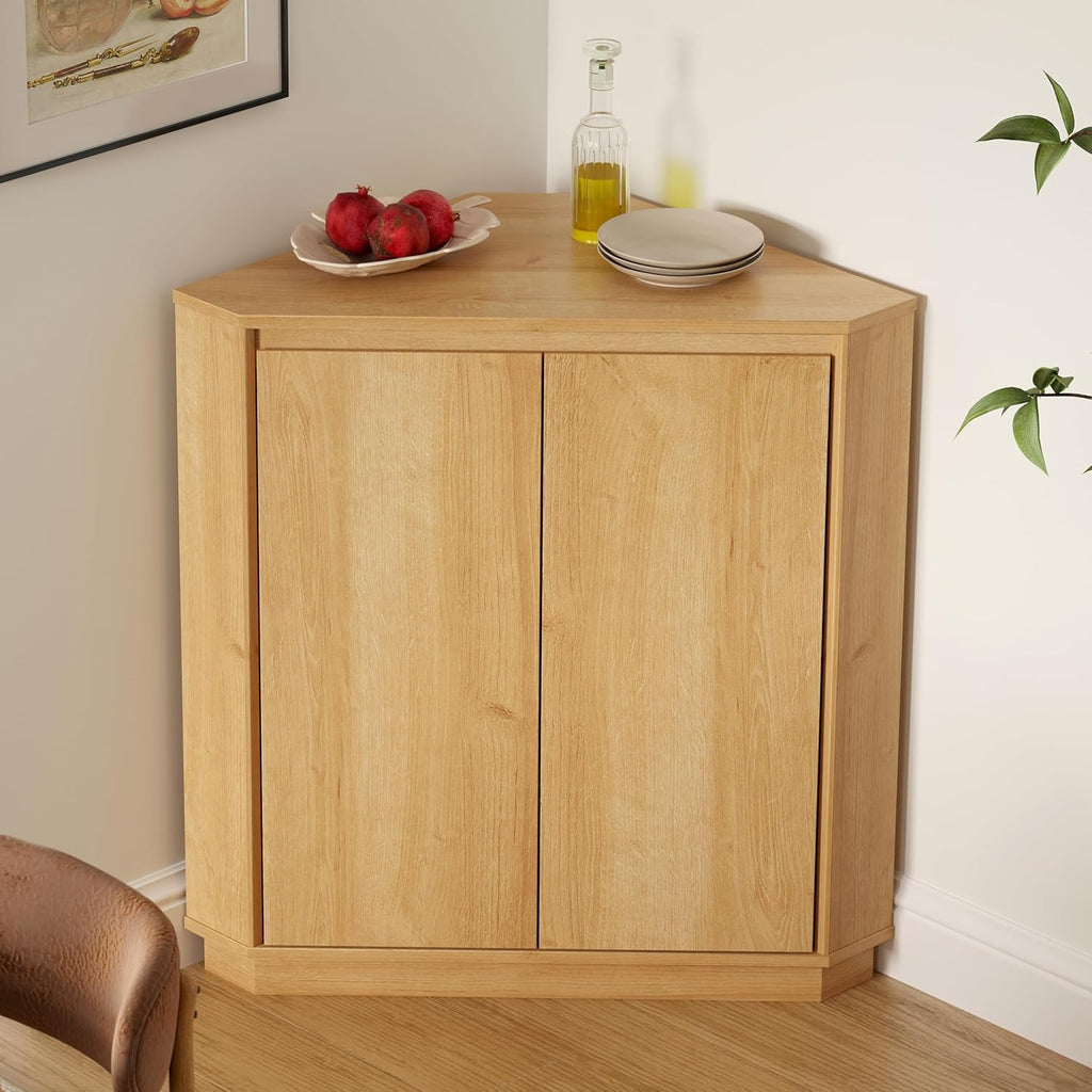 EYYTHUNG Corner Cabinet, Modern Handless Corner Floor Cabinet with 2 Doors and 2-Tier Shelves, Freestanding Narrow Organizer for Living Room Kitchen Bathroom, Natural Oak