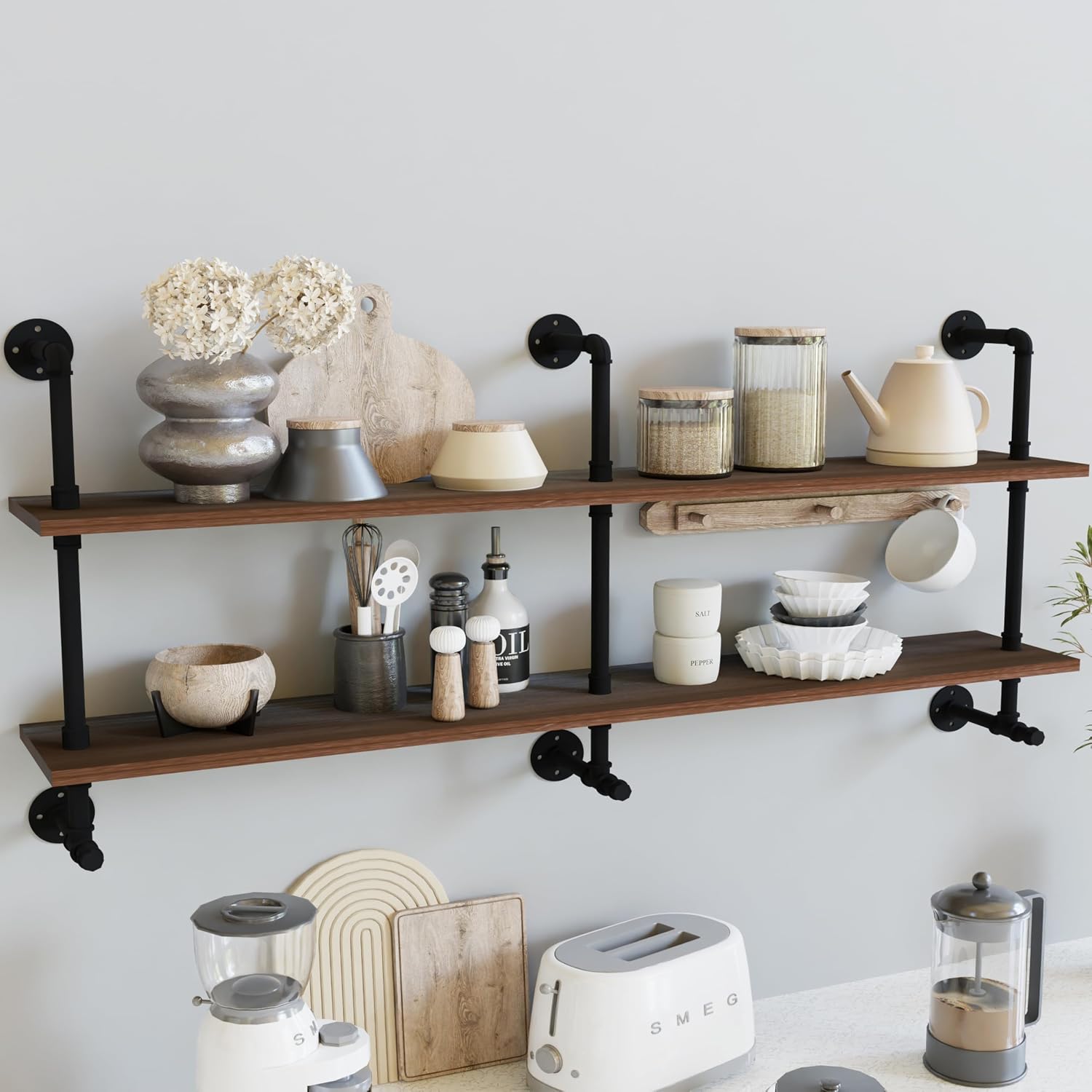 Industrial Pipe Wall Shelves Pipe Shelving with Real Wood Plank ,70 Inches Floating Shelves for Wall Farmhouse Pipe Book Shelves Dark Brown 2 Tier for Kitchen,Living Room Decor and Bar Shelving