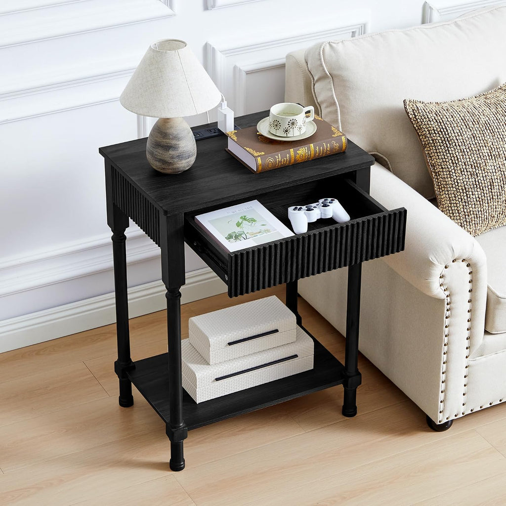 23.6' Large End Table with Charging Station, Set of 2, Modern Farmhouse Side Table with Drawer&Open Shelf, Fluted Wood Bedside Table Sofa Tables Night Stand for Bedroom Living Room Home Office, Black