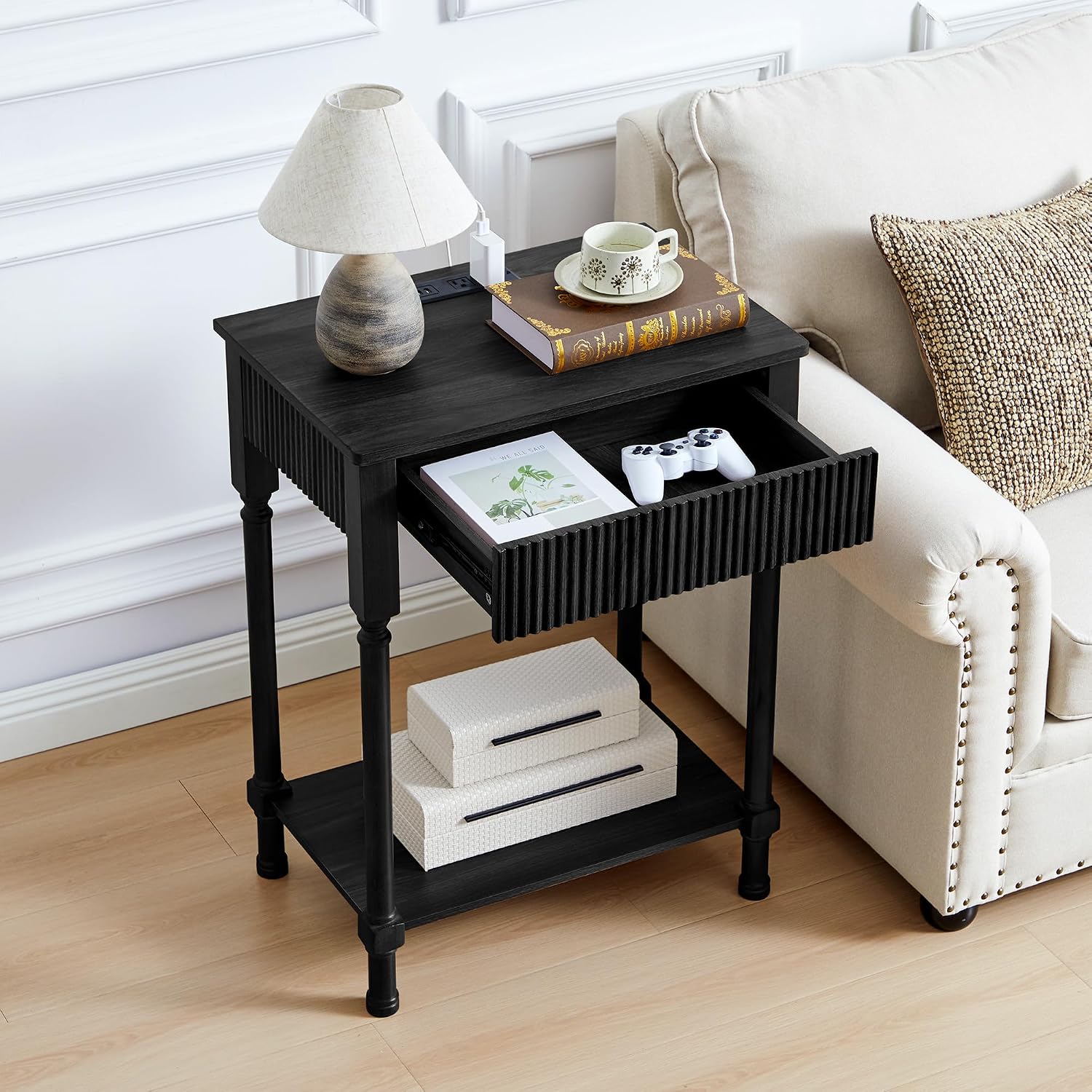 23.6' Large End Table with Charging Station, Set of 2, Modern Farmhouse Side Table with Drawer&Open Shelf, Fluted Wood Bedside Table Sofa Tables Night Stand for Bedroom Living Room Home Office, Black