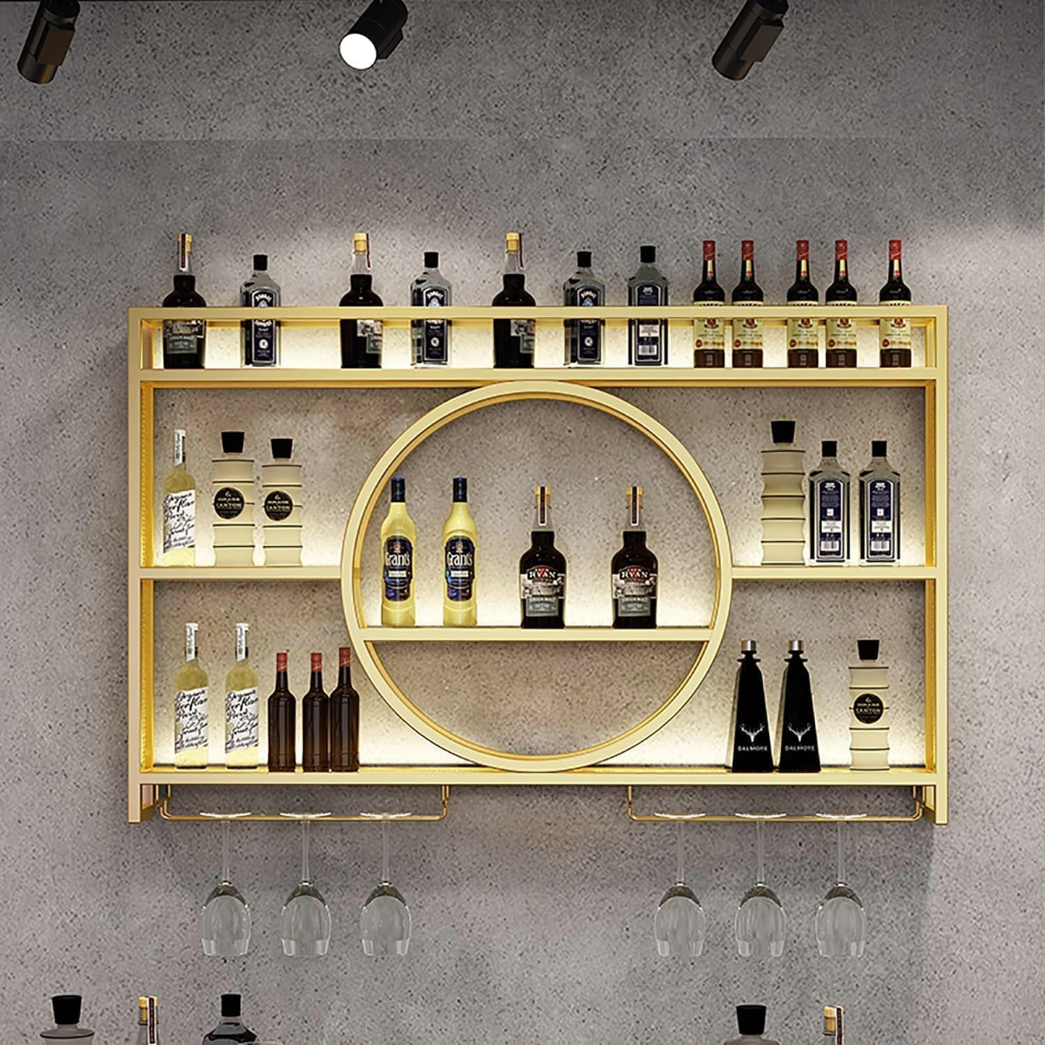 Wine Rack Wall Mounted with LED Light, 3-Tier Metal Bar Shelves for Liquor Bottles with Wine Glass Holder, Modern Large Capacity Liquor Display Shelf for Home Bar, Dining Room, Kitchen (Gold, 47.2in)