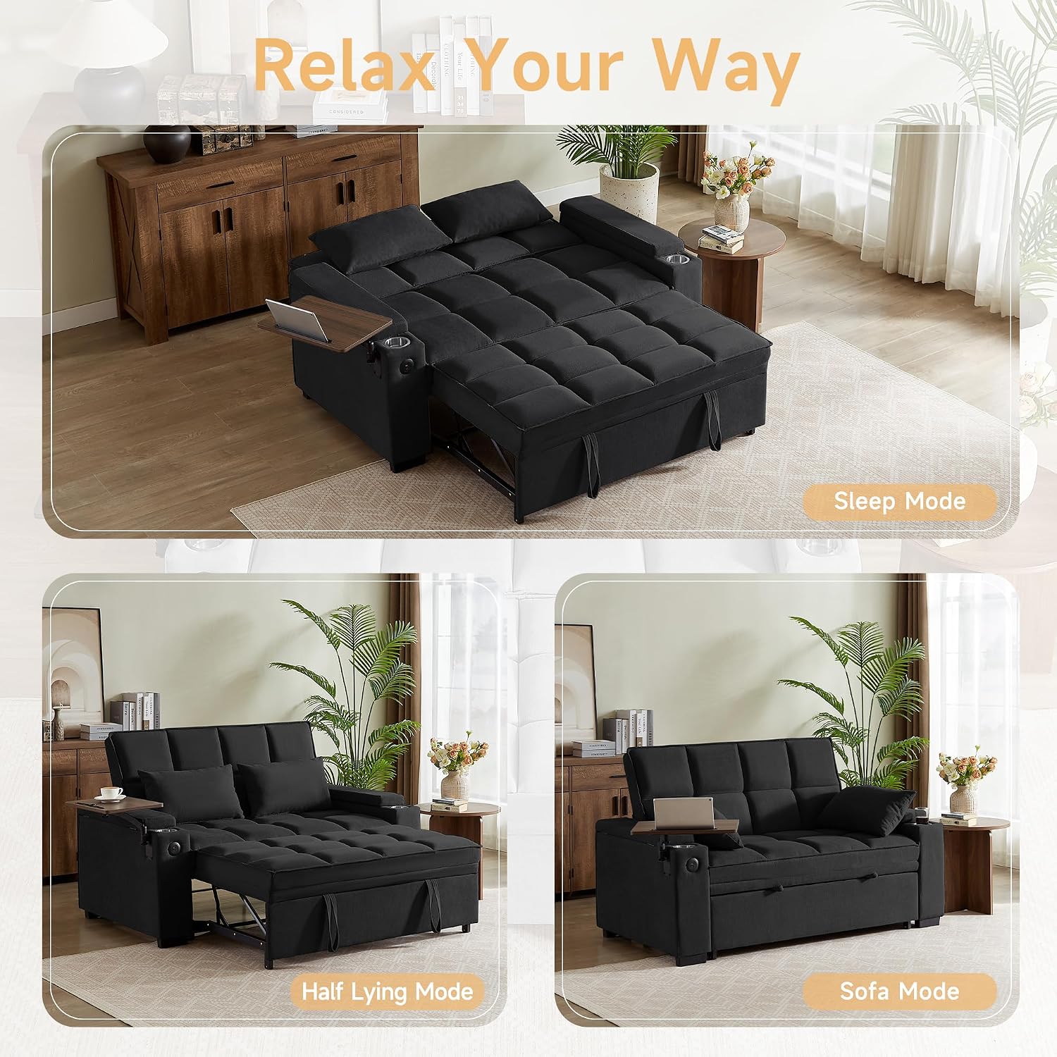 Auvsoce 65'' Chaise Lounge Chair Indoor, 3-in-1 Convertible Sofa Bed with Pull Out Design, 360° Swivel Side Table, Modern Chenille Couch Bed for Living Room