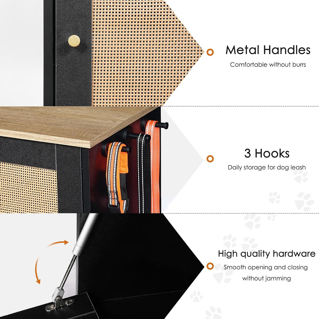 Feeding Station with 2 Lockers, Pet Feeding Station with 2 Elevated Dog Bowls, Side Hooks, Anti-Tipping Kit, Hidden Pet Feeding Station for Feeding and Watering, Rattan Door, Black