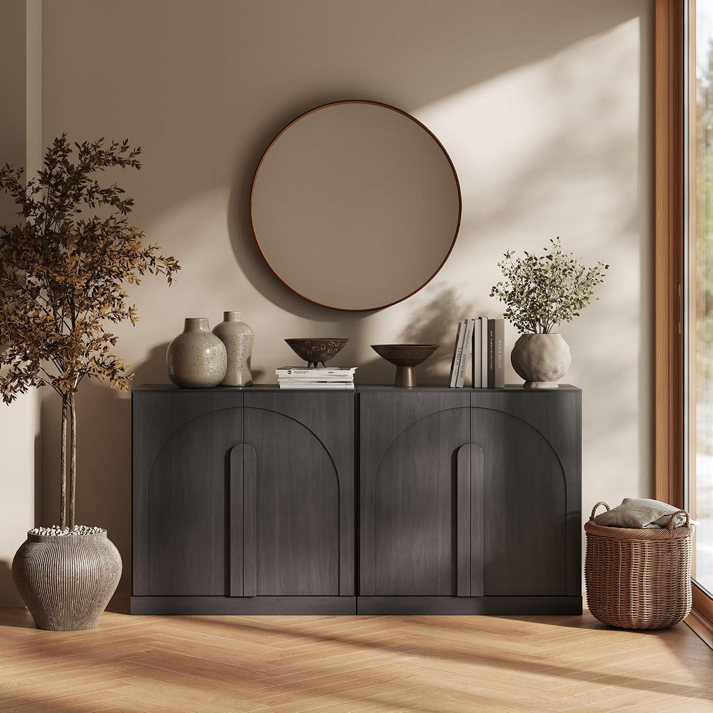 BELLEZE Set of 2 Modern Buffet Cabinets (63' Wide)-Large Sideboard Credenza with Arched Doors-Seamless Hidden Storage Console for Dining Room & Living Area-Ebony