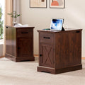 HOMMPA Farmhouse End Table with Charging Station Set of 2, 23.6'' Narrow Side Table with Barn Door Roman Column Design, Rustic Wood Sofa Side Table with Drawer & Cabinet for Living Room, Maroon Brown