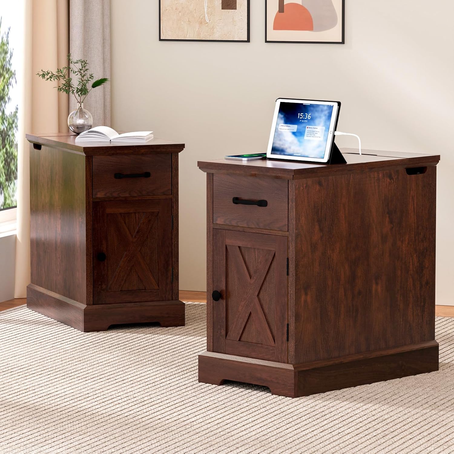 HOMMPA Farmhouse End Table with Charging Station Set of 2, 23.6'' Narrow Side Table with Barn Door Roman Column Design, Rustic Wood Sofa Side Table with Drawer & Cabinet for Living Room, Maroon Brown