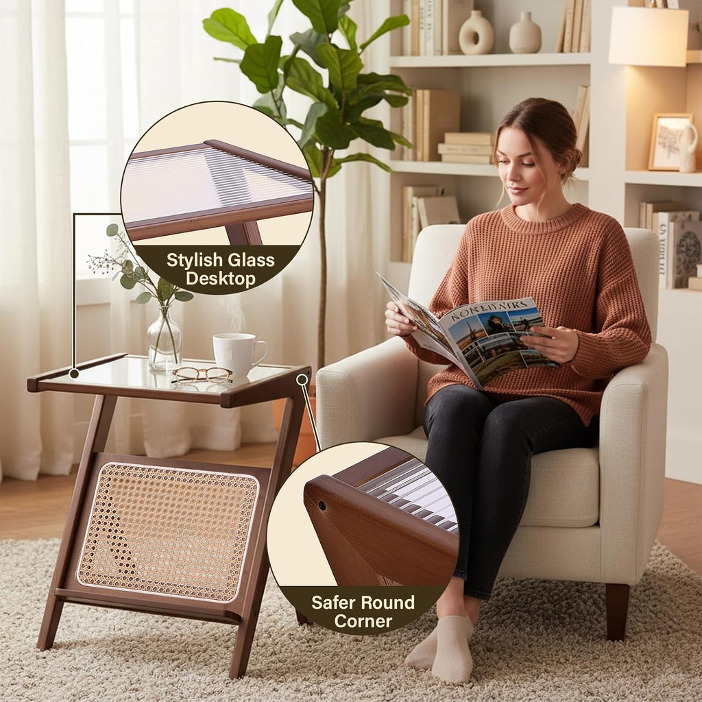 Tiita 2 Pack Rattan Side Table, Mid Century Nightstand, Bamboo Accent Bedside Tables, Glass Coffee Tables, Boho Wooden End Table with Storage for Small Space, Living Room and Bedroom