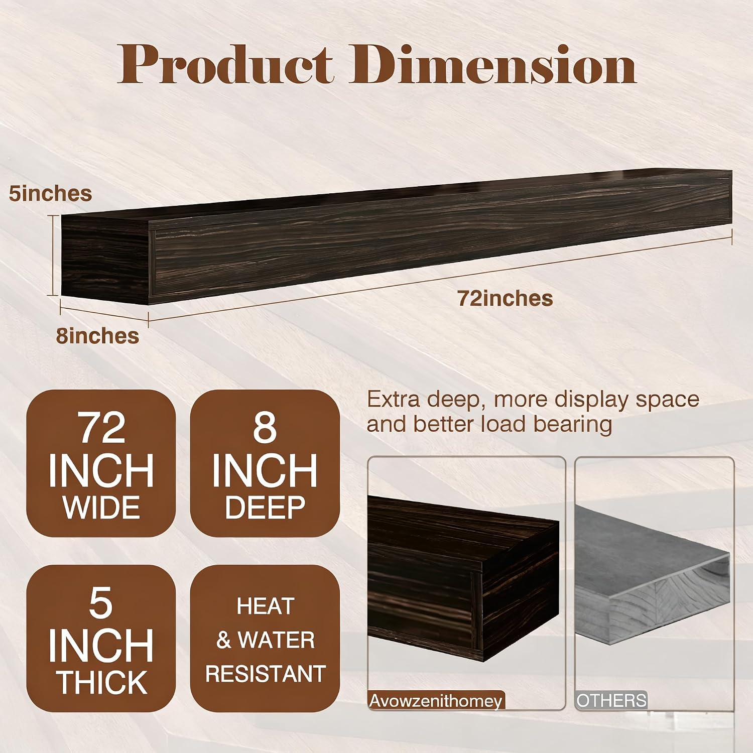 Fireplace Mantel 72inch - Solid Wood Mantel Shelf with Hidden Brackets | Floating Mantle Shelves Decor for Wall,Bedroom,TV,Livingroom(Black)