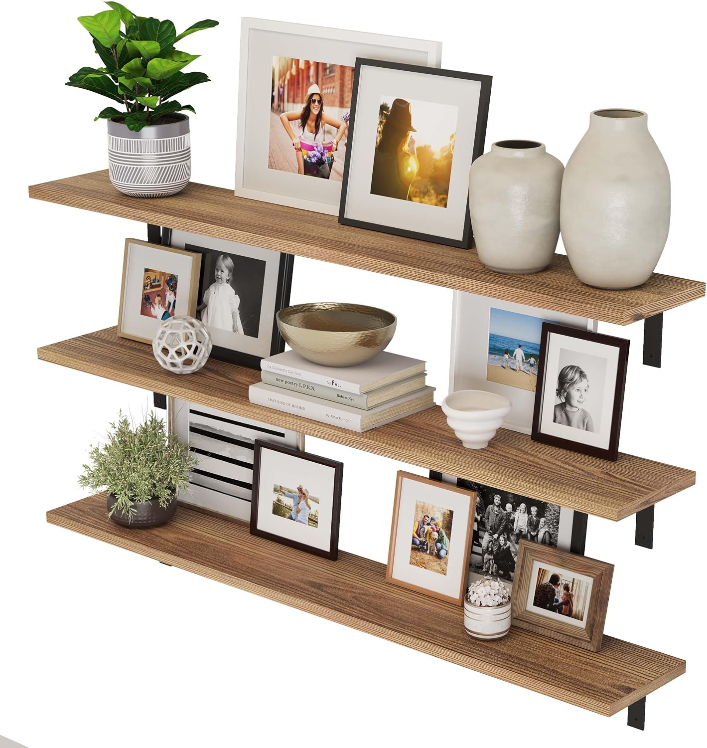 Wallniture Cervo 60 inch Long x 10 in Deep Floating Shelves for Wall Decor, Wall Bookshelf for Living Room, Shelves Home Office, Laundry Room, Floating Shelf Set of 3, Burnt, Wood