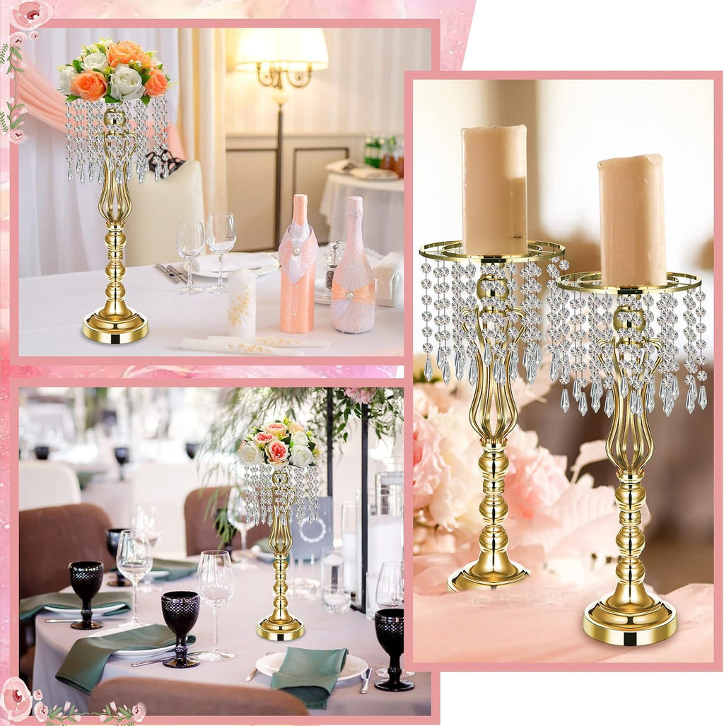 Didaey 16 Pcs Wedding Centerpieces for Tables, Gold Silver Vase Centerpiece with Chandelier Crystal Metal Flower Stand, Tall Flower Vases for Wedding Party Home Decoration(Gold,21.3')