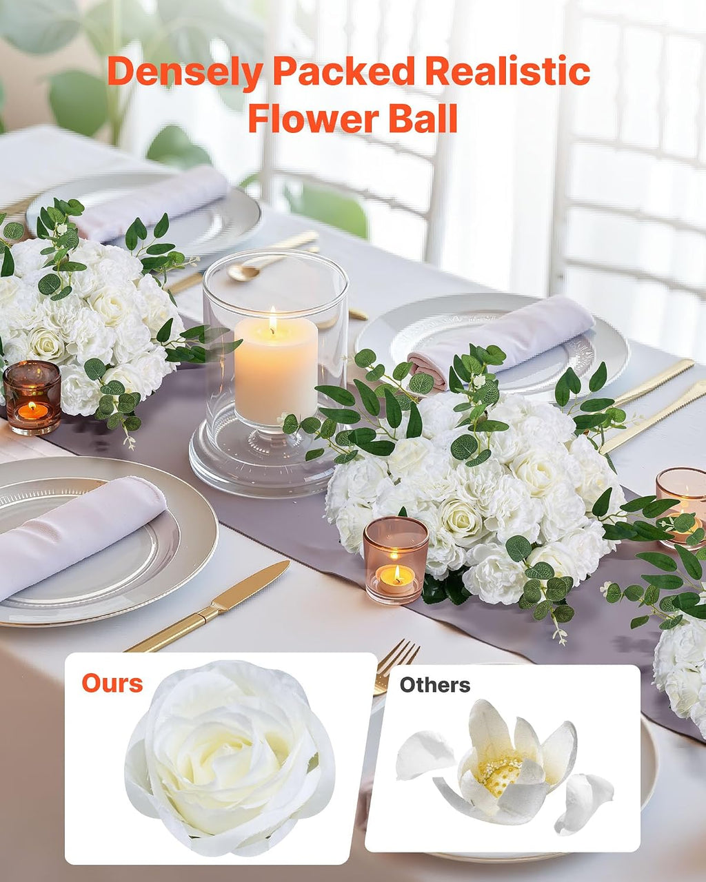 VEVOR Flower Balls Arrangement Bouquet 10 PCS, 17.7-Inch Max Diameter Artificial Flower Balls Wedding White Roses Centerpieces, Faux Flowers Arrangements for Wedding Centerpiece Home Table Decorations