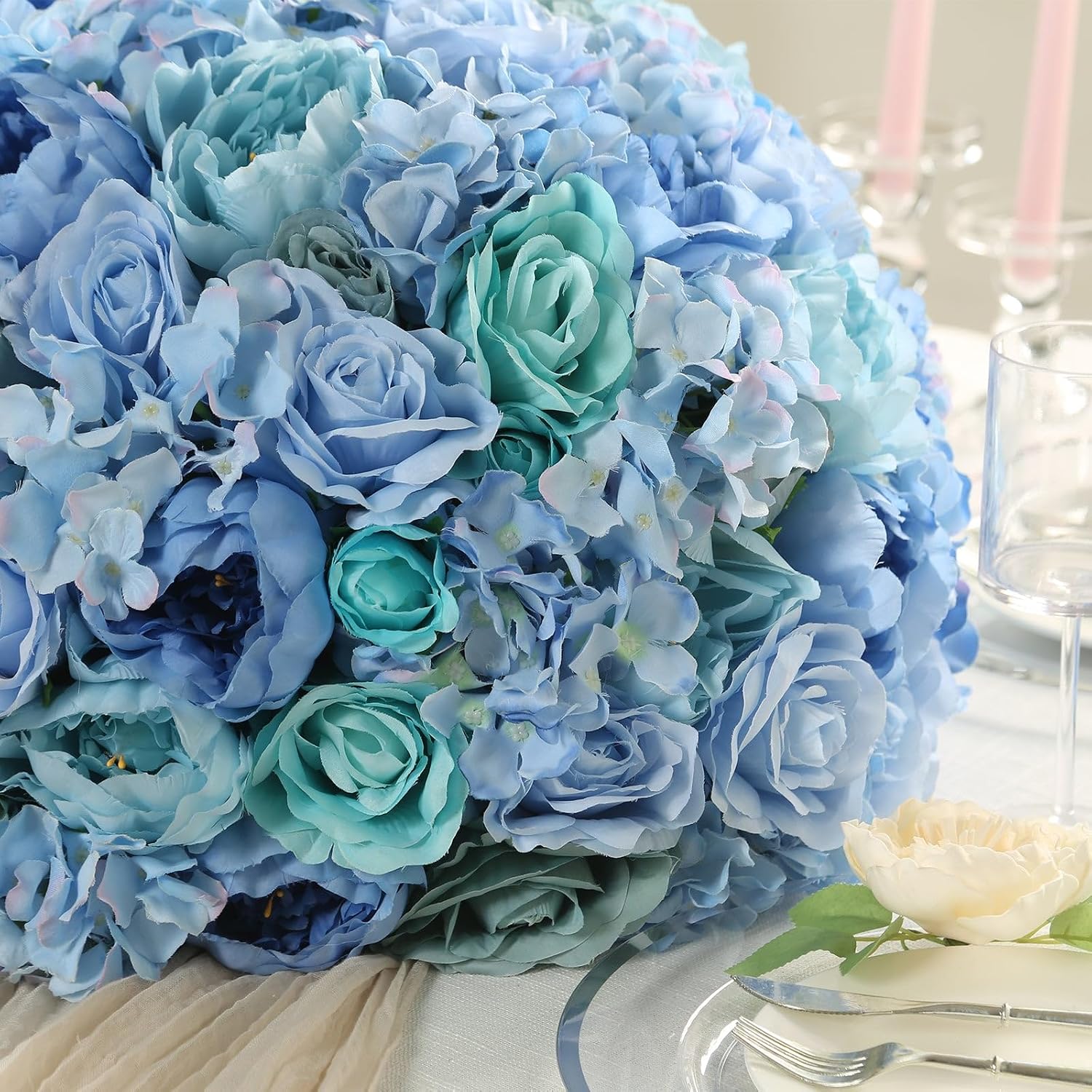 Efavormart 20 inch Blue Pre-Arranged Artificial Rose Flower Ball, Large High-Density Silk Rose Centerpiece Arrangement for Wedding Staging and Floor Vases
