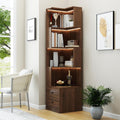 Corner Bookshelf with Drawers and LED Lights, 4-Tier Corner Bookcase with Baffle, Freestanding L-Shaped Display Shelf Stand for Home Office, Living Room, Walnut