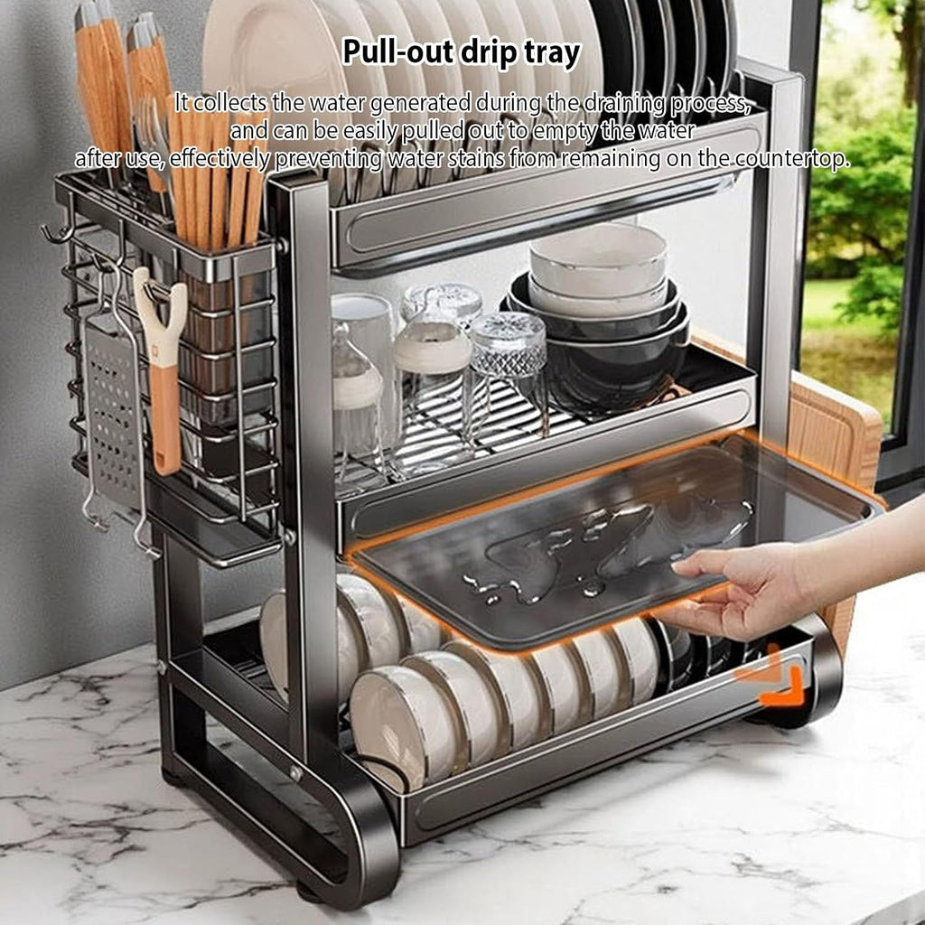 Multifunctional Kitchen Countertop Dish Utensil Holder,Stainless Steel Storage Shelf Home Kitchen,for Storage and Organization,for Dishes, Glasses, Bowls(Triple Layer Gray,55cm/21.8in)