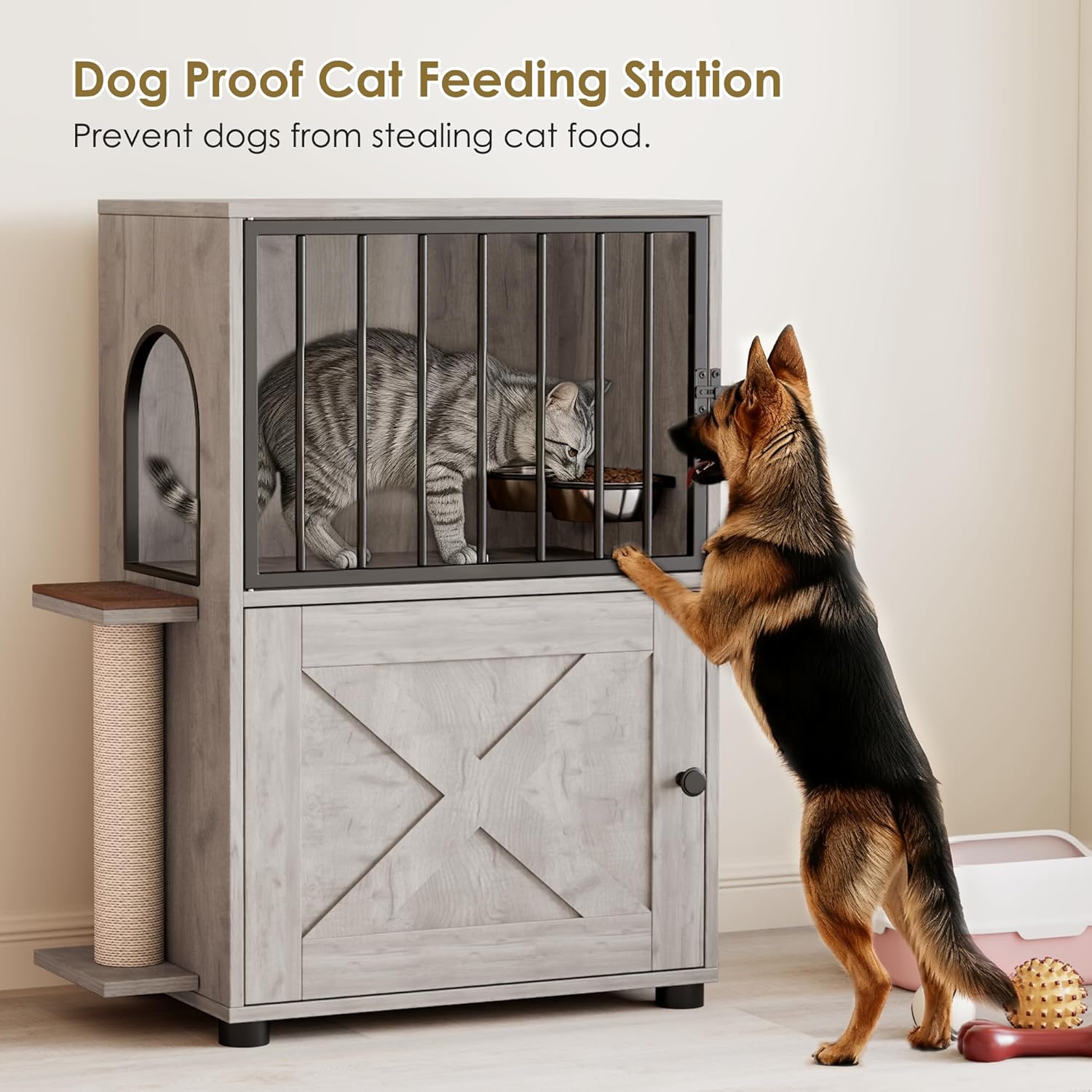 Cat Feeding Station, Dog Proof Cat Feeding Station with Scratching Post, Elevated Food Bowls with Stand, Cats Tree with Food Storage for Small Spaces, Pet House Furniture (Gray)